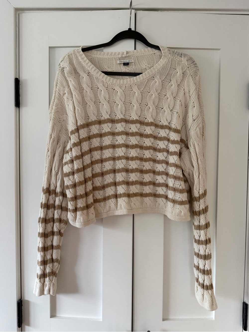American Eagle Outfitters Cable Knit Striped Crew Sweater - Cream & Tan - Size L